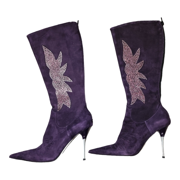 Charles David Vintage Swarovski Purple Suede Knee High Stiletto Boots Sz 38 - Picture 4 of 8